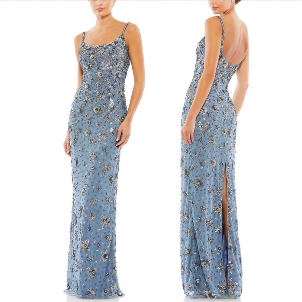 MAC DUGGAL Slate Grey Floral Embellished Scoop Neck Evening Gown - Reemoly